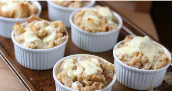 Old fashioned bread pudding with vanilla sauce